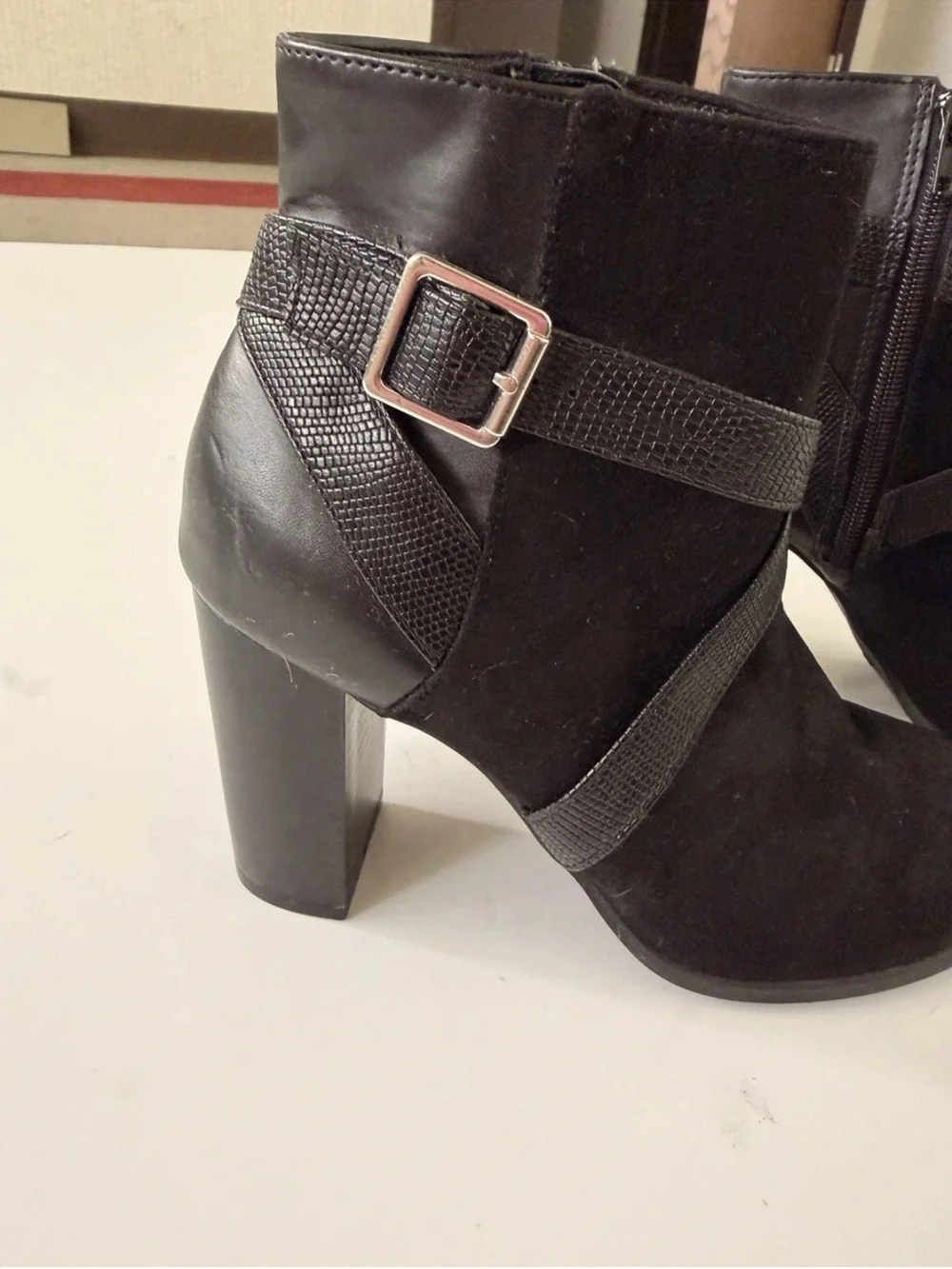 Christian Siriano Black Suede & Leather Ankle Bootie Snake-Textured Buckle 8